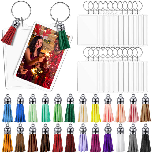 Henoyso Rectangle Acrylic Keychain Blanks Acrylic Photo Keychain Picture Frame Keychain with Tassels 2 x 3 Inch(24 Sets)